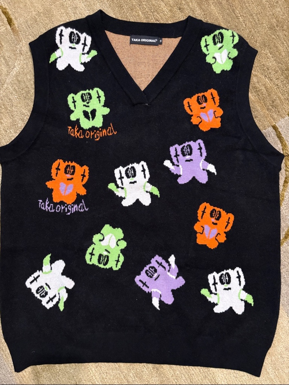 Black V-Neck Knit Vest with Colorful Bear Motif